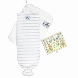 The Ollie World Swaddle in Original Box Grey White Stripe
